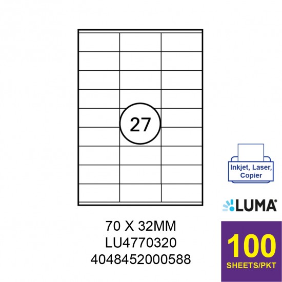 LUMA LU4770320 LABEL FOR INKJET / LASER / COPIER 100 SHEETS/PKT WHITE 70X32MM